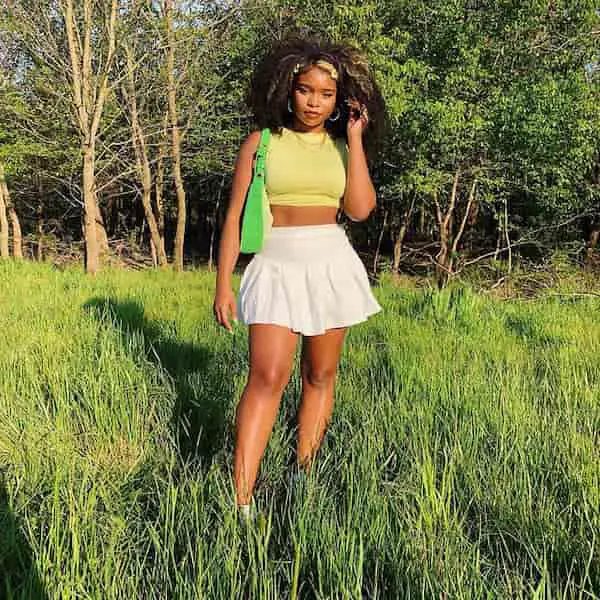 White Mini Flared Skirt with Yellow Crop Top + Lemon Handbag