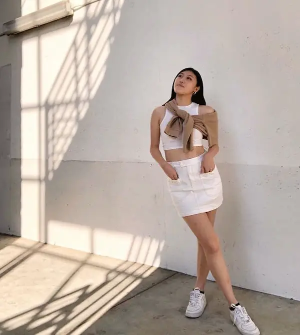 White Mini Tight Skirt with White Crop Top + White Sneakers