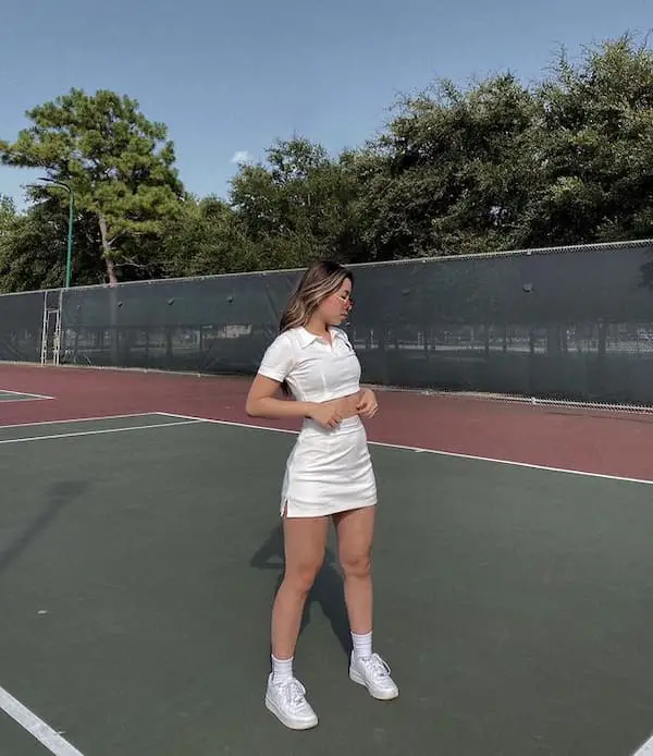 White Satin Mini Skirt with White Crop Top + White Sneakers