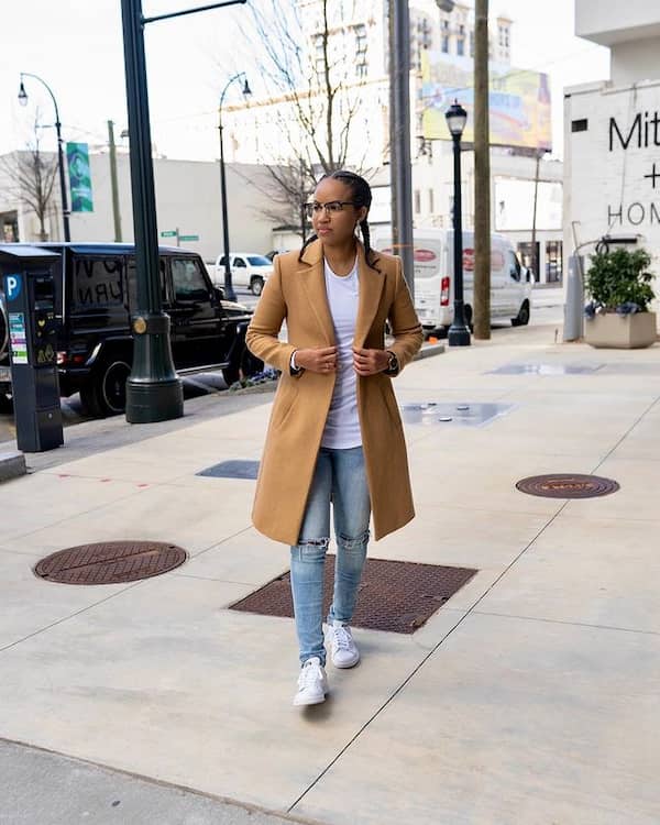 White Shirt with Brown Trench Coat + jean pants + Sneakers