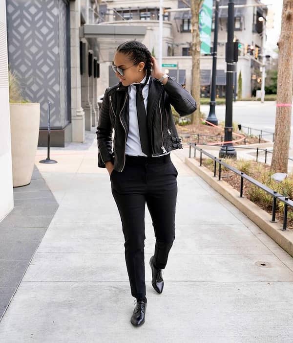 White Shirt with Leather Jacket + Black Tie + Black Plants + Boots + Sunglasses
