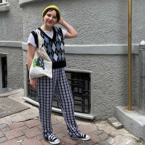 White Shirt with Sweater Vest + Oversized  Pants + Sneakers + Grocery Bang + Hair Cap