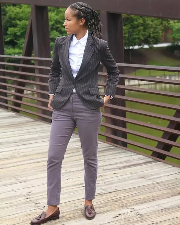 White Shirt with a Line Striped Blazer + Neutral Colored Pants + Loafers