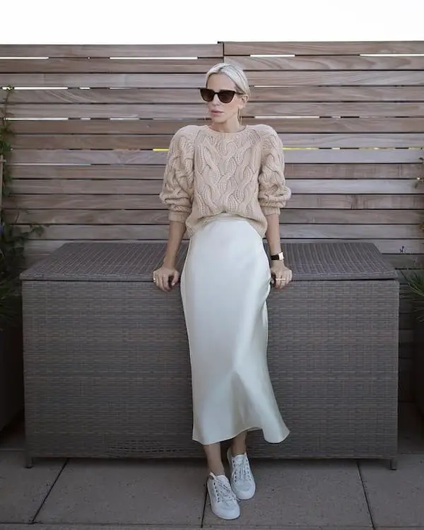 White Slip Skirt with Tan Sweater + White Sneakers  + Sunglasses