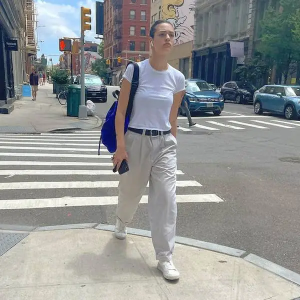 White T-Shirt with Belt + Oversized Khakis + Sneakers +Backpacks