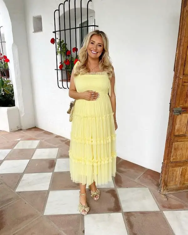 Yellow Stretch Dress with Heels + Handbag