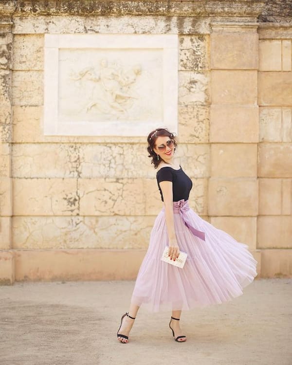 Baby Pink Maxi Tulle Skirts with Black Top + Heels + Clutch Purse + Sunglasses