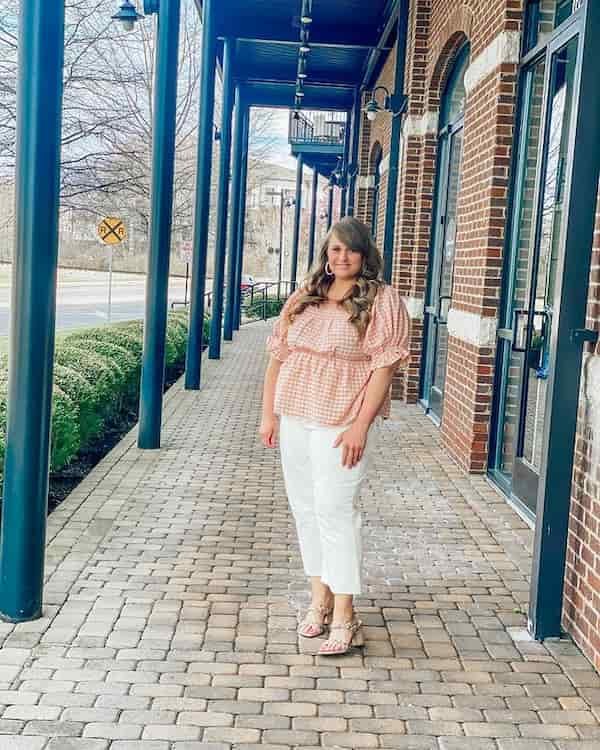 Baby Pink Puffed Hands Blouse with White Pants + Heels