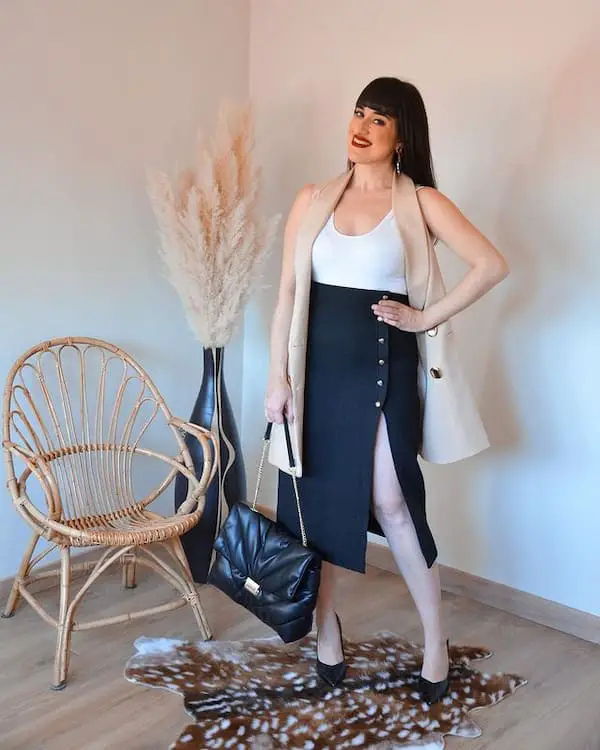 Black High Waist Left-Slit Pencil Skirt with White Vest + Brown Blazer Vest + Heels + Handbag