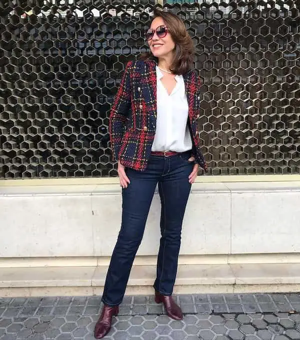 Black Jeans and Burgundy Blazer with Boots + Sunglasses