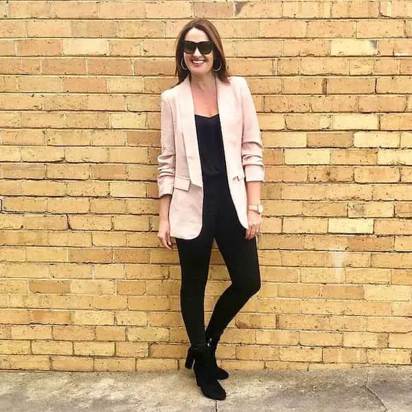 Black Jeans and Peach Oversized Blazer with Black Vest + Boots + Sunglasses