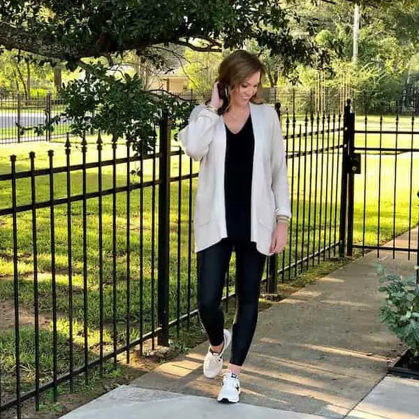 Black Leggings with Black Shirt + Ash Blazer + Sneakers