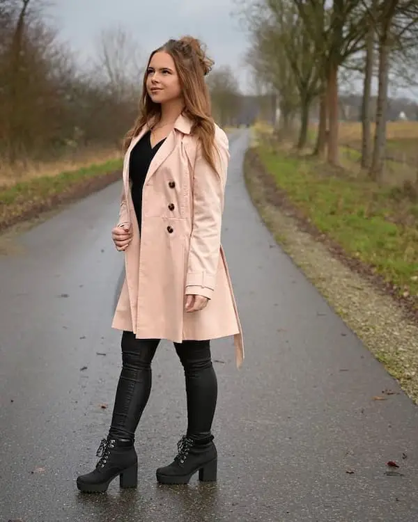 Black Leggings  with Black Shirt + Peach Oversized Blazer + Boots