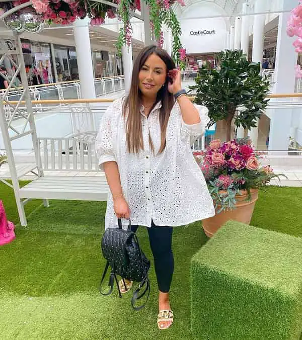 Black Leggings with White Oversized Shirt + Backpack