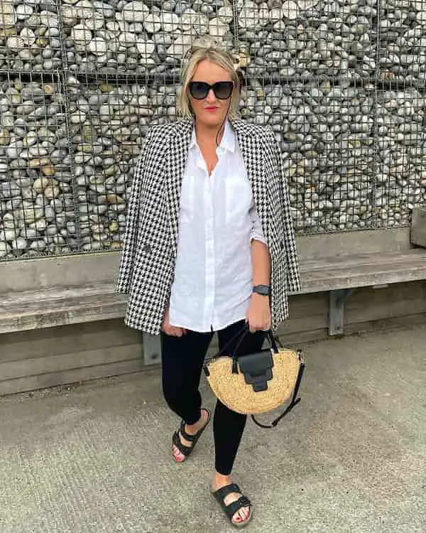 Black Leggings with White Shirt + White and Black Blazer + Handbag + Sunglasses