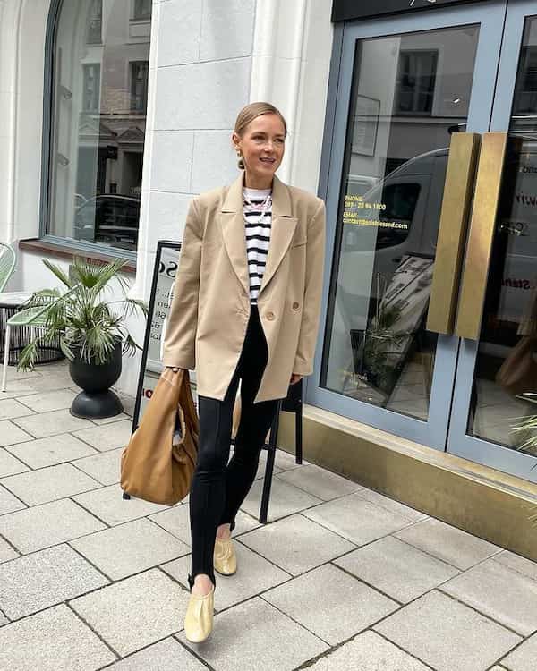 Black Leggings with White and Black Strip Top + Tan Oversized Blazer + Loafers