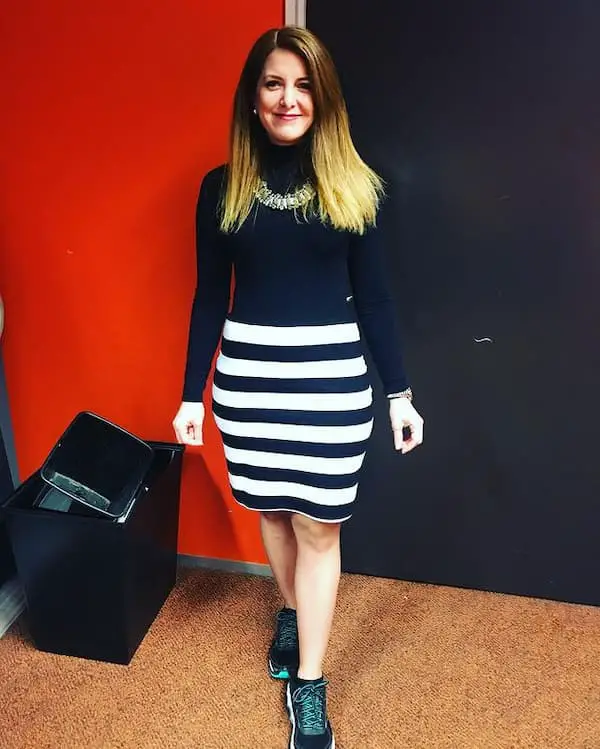 Black Sneakers with Black Long Sleeve Shirt + Black and White Skirt