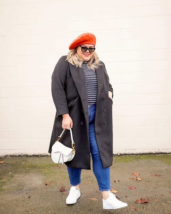 Black and White Top with Denim High Waist Pants + Black Trench Coat + Red Beret + Sneakers + Handbag + Sunglasses