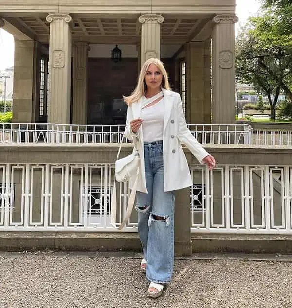 Blue Baggy Ripped Jeans and Off-White Blazer with White Shirt + Sandals + Handbag