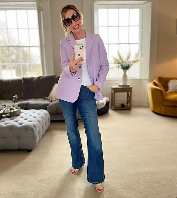Blue Flared Legs Jeans and Purple Blazer + White Shirt + Heels + Sunglasses
