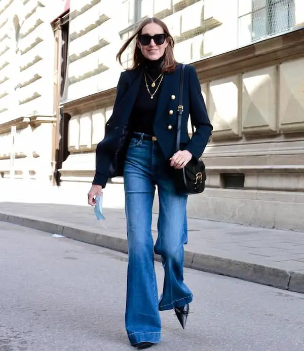 Blue High Waist Flare Jeans and Black Blazer with Black Shirt + Boots + Handbag