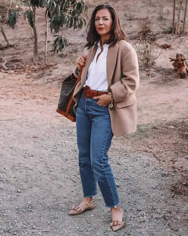 Blue Jeans and Sand Colored Oversized Blazers with White Shirt + Loafers + Handbag
