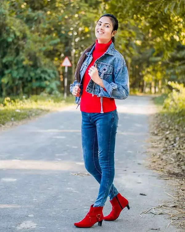 Blue Jeans with Red Turtle Neck Shirt + Denim Jacket + Boot Heels