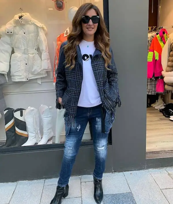 Blue Jeans with White Graphic Shirt + Navy Blur Print Jacket + Boots + Sunglasses