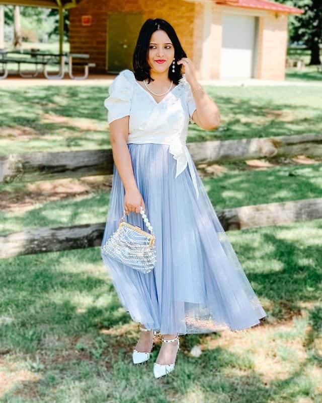 Blue Maxi Tulle Skirt with White Blouse + Heels + Handbag