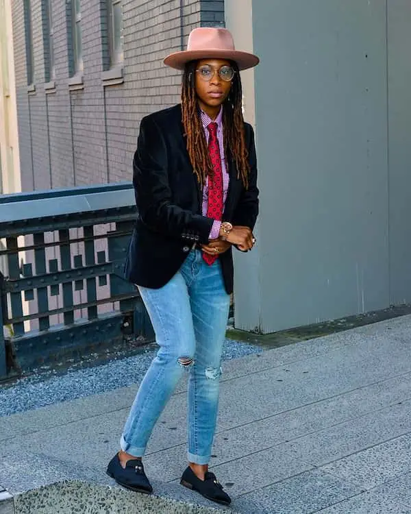 Blue Ripped Jeans and Black Blazer with Purple Shirt + Red Collar + Hat + Loafers + Sunglasses