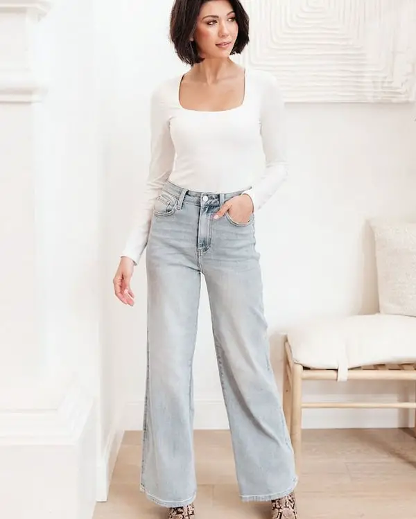 Blue Wide Legs Jeans with White Long Sleeve Shirt + Wedge Shoe
