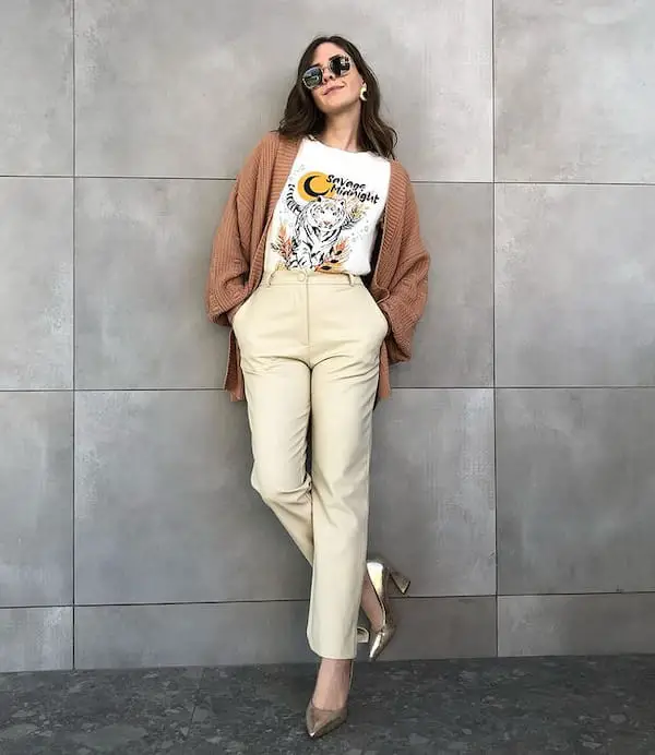Brown Cardigan with White Graphic T-Shirt + Nude High Waist Pants + Heels + Sunglasses