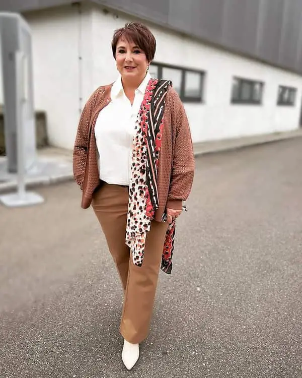 Brown Cardigan with White Shirt + Brown Pants + Scarf + Boots