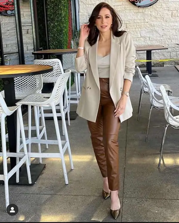 Brown Leather Pants with Ash Vest + Brown Blazer + Heels