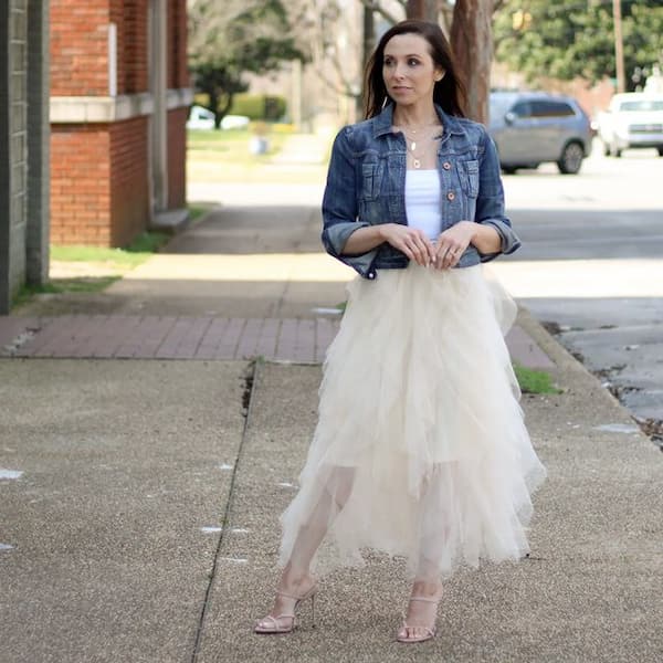 Cream Maxi Tulle Skirt with White Vest + Denim Jacket + Heels