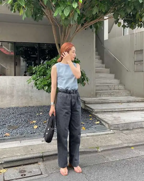 Gray High Waist Jeans with Ash Shirt + Sandals + Handbag