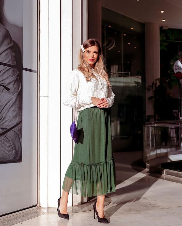 Green Midi Tulle Skirts with White Long Sleeve Blouse + Heels + Handbag