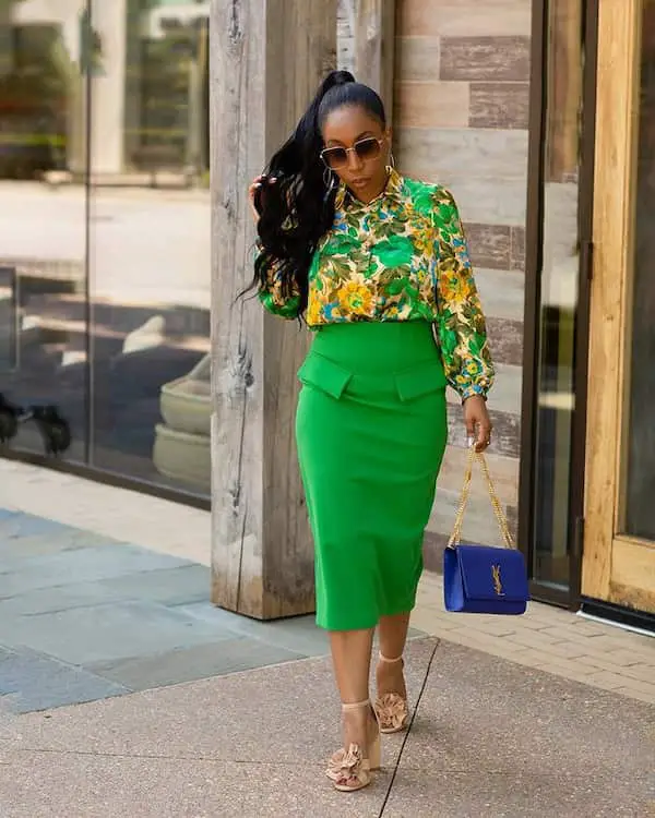 Green Pencil Skirt with Green Floral Long Sleeve Shirt + Heels + Handbag + Sunglasses