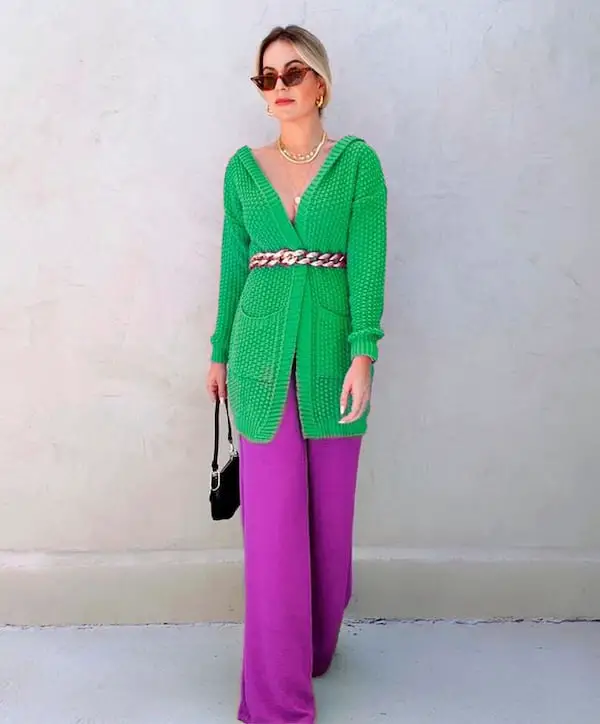 Green V-Necked Cardigan with Purple Free Pants + Handbag + Sunglasses
