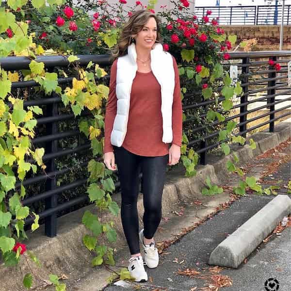 Leather Leggings with Brown Long Sleeve Shirt + White Vest + Sneakers