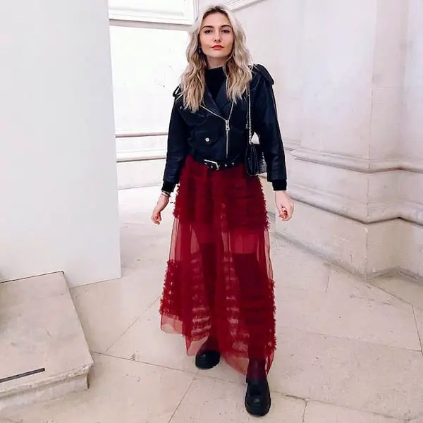 Maroon Long Tulle Skirt with Black Long Sleeve Shirt + Boots + Handbag