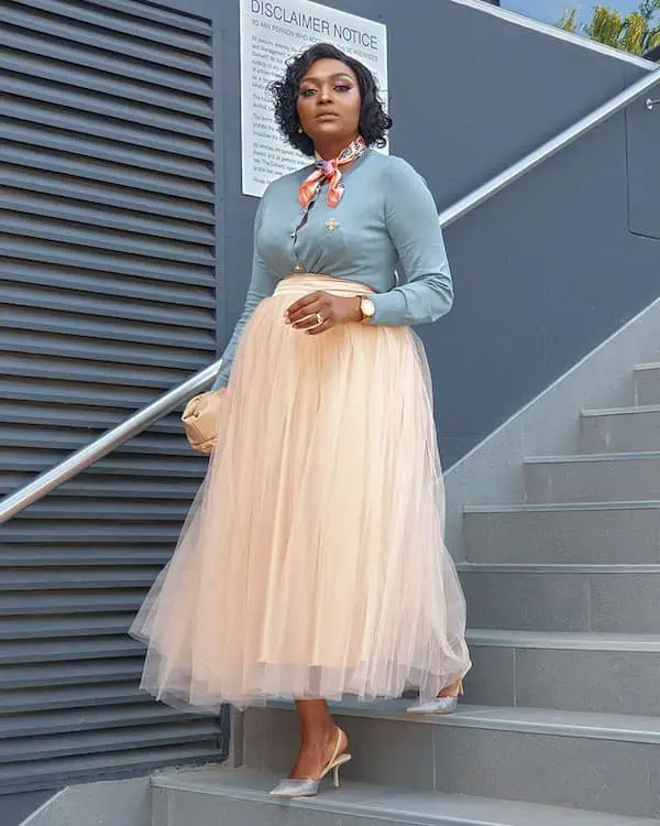 Peach Maxi Tulle Skirts with Sky Blue Long Sleeve Shirt + Heels + Clutch Purse