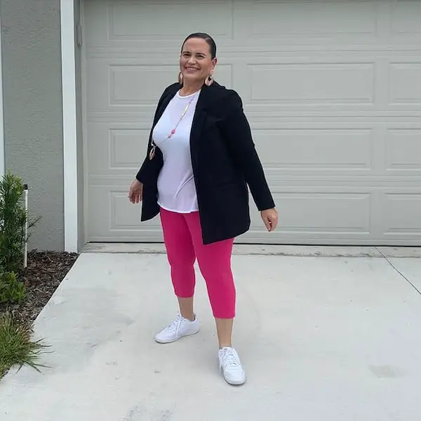 Pink Leggings with White Shirt + Black Blazer + White Sneakers