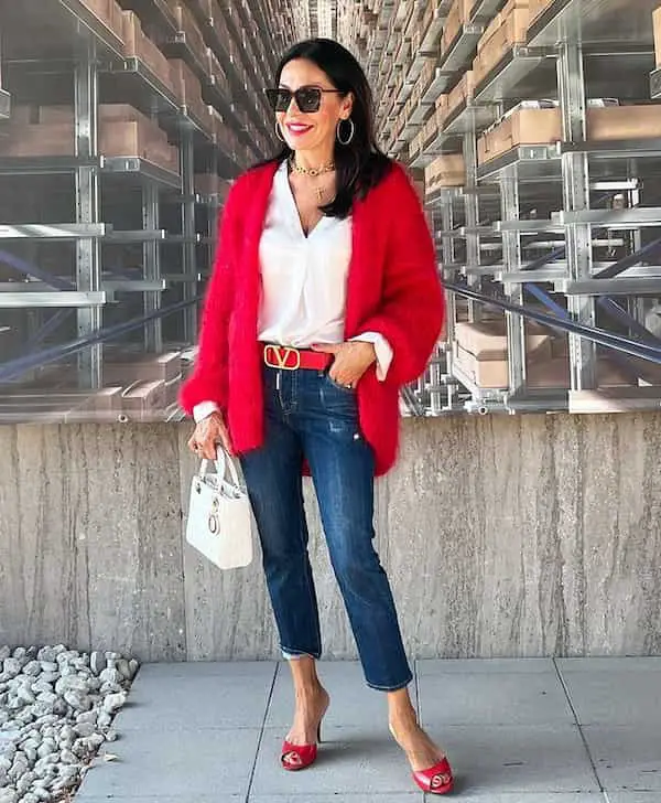 Red Cardigan with White Shirt + Blue Crop Jeans  + Heels + Handbag + Sunglasses