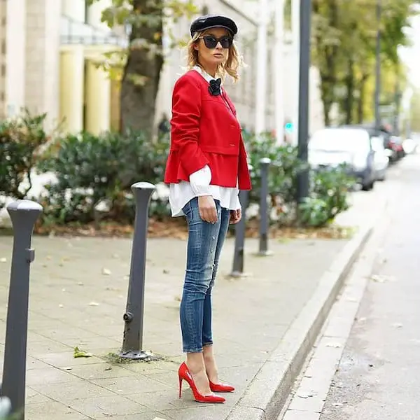 Red Heels and Blue Jeans with White Long Sleeve Shirt + Red Jacket + Black Beret + Sunglasses
