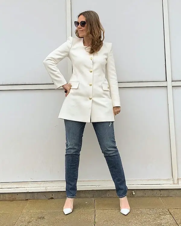 Skinny Jeans and White Blazer with Heels + Sunglasses