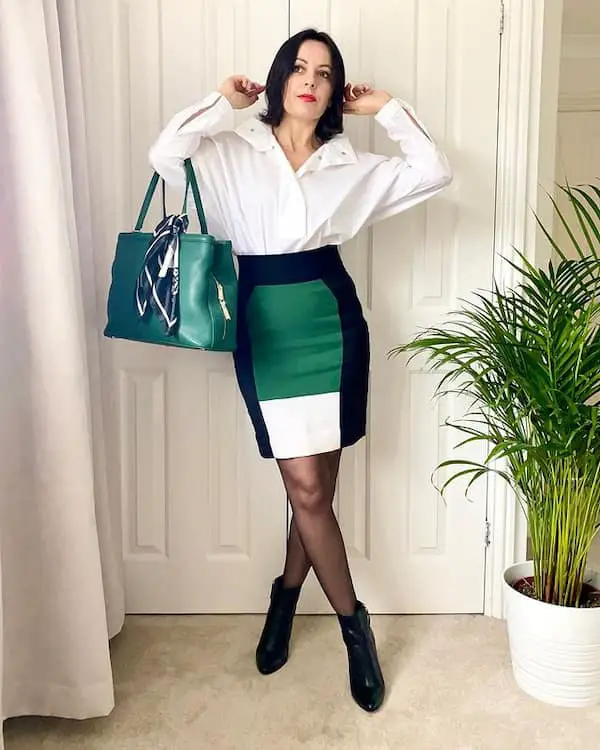 Tri-Colored Pencil Skirt with White Oversized Long Sleeve Shirt + Boots + Handbag