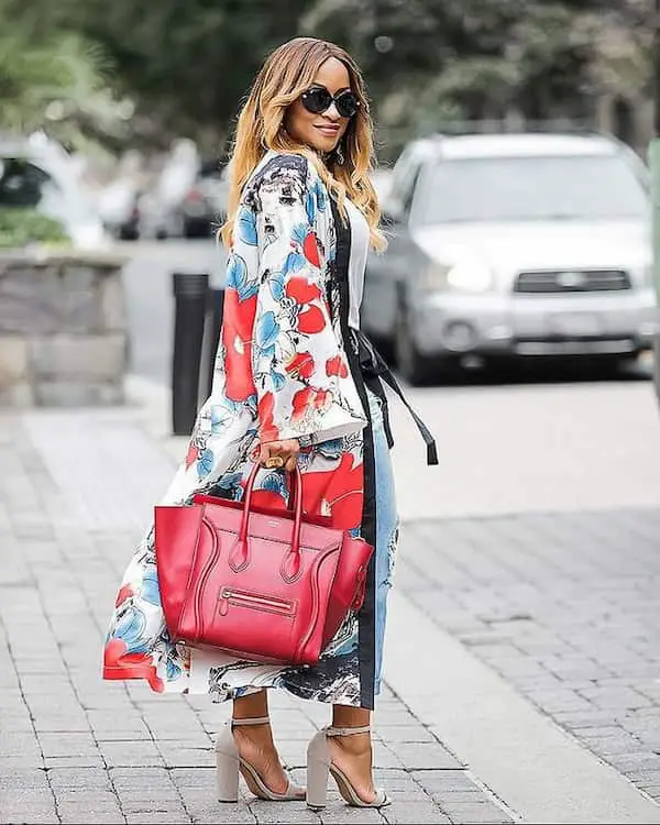 White Heels and Blue Jeans with White Shirt + Floral Kimono + Handbag + Sunglasses