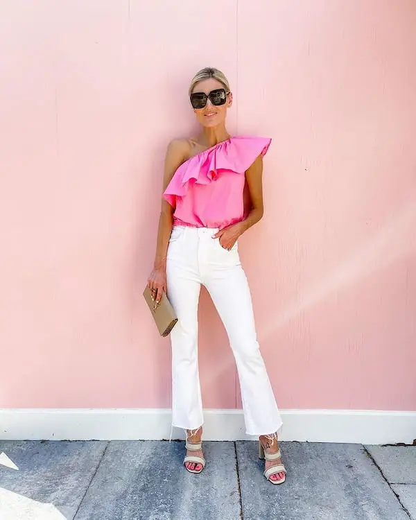 White Heels and White Flare Leg Jeans with Pink Shirt + Clutch Purse + Sunglasses