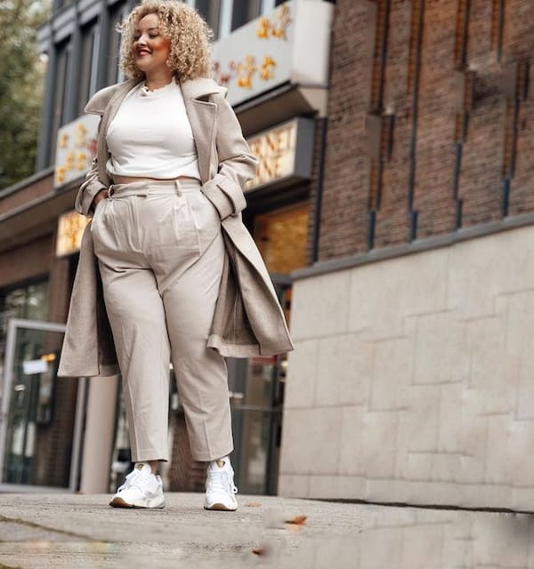 White Inner Top with Cream Colored Coat + Cream Colored Pants + Sneakers